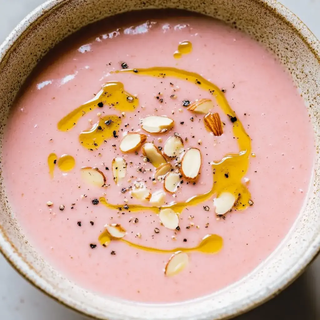 Eine Schüssel mit rosa Suppe, garniert mit Mandeln und einem Schuss Olivenöl.