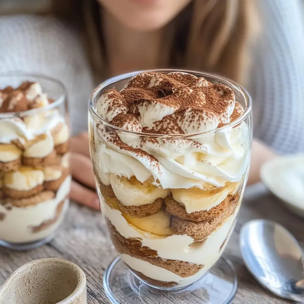 Ein verführerisches Dessertglas mit Schichten aus Bananen, Sahne, Böden und Kakao-Topping.