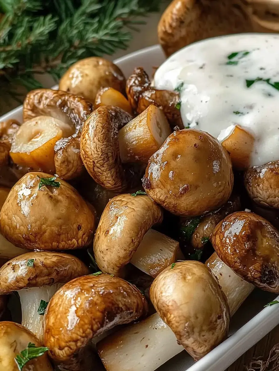Eine Schüssel mit gebrannten Pilzen und Stückchen von weißen Gemüseschoten, garniert mit einer cremigen Sauce.