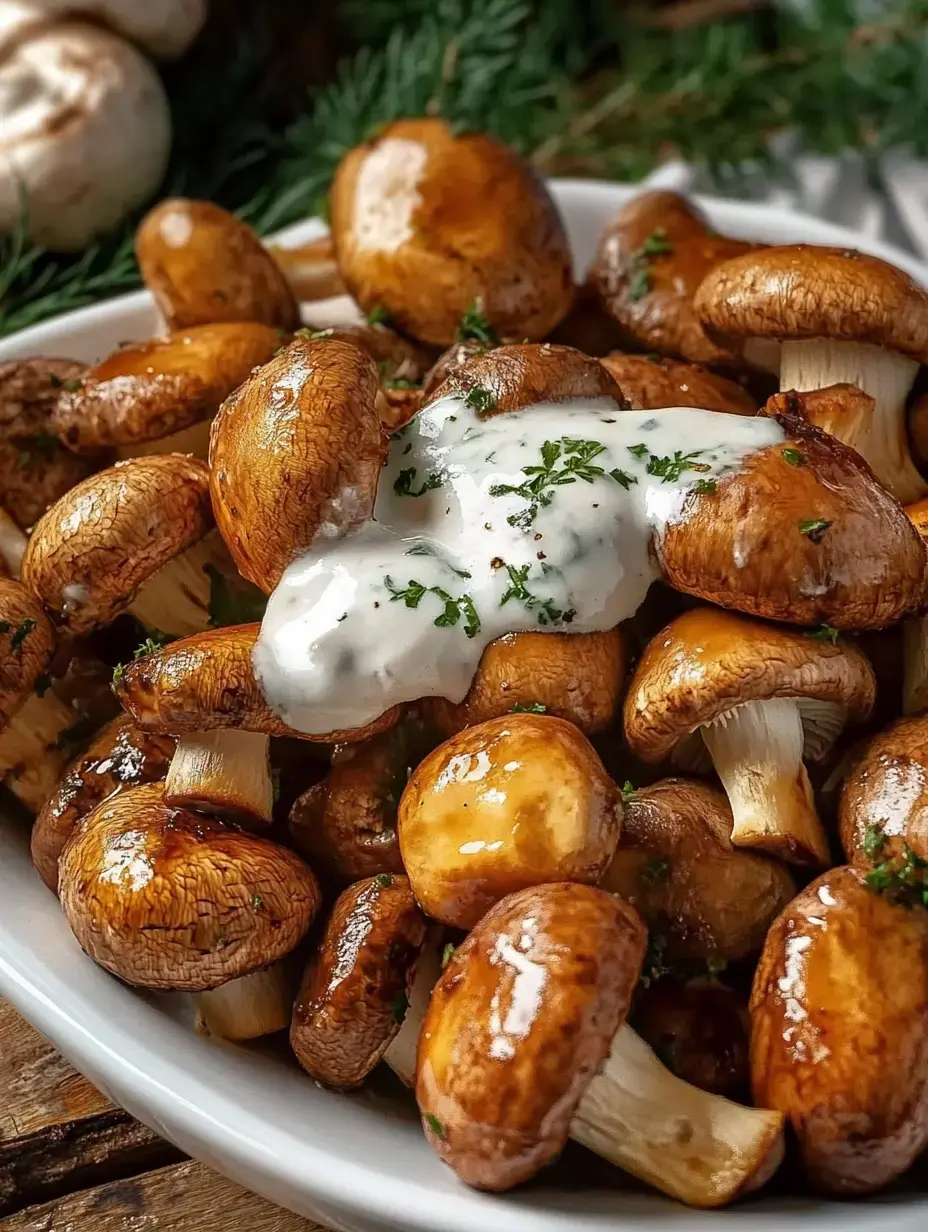 Eine Schüssel voller gebratener Champignons, garniert mit einer weißen Sauce und frischen Kräutern.