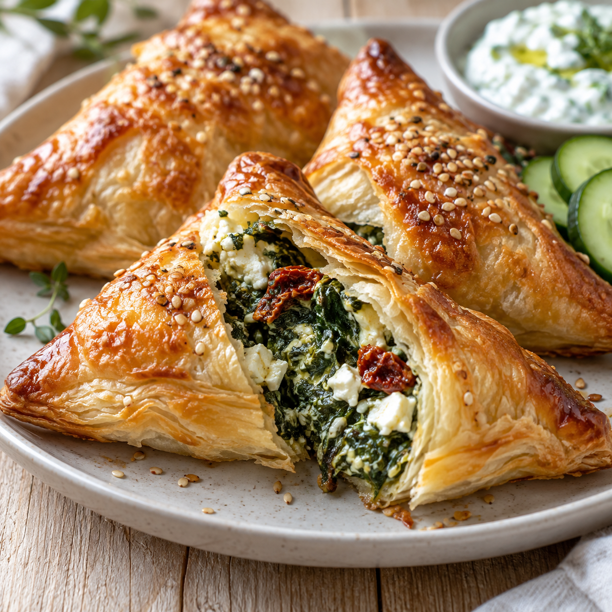 Goldbraune Ofentaschen mit Spinat, Feta und Sesam auf hellem Teller