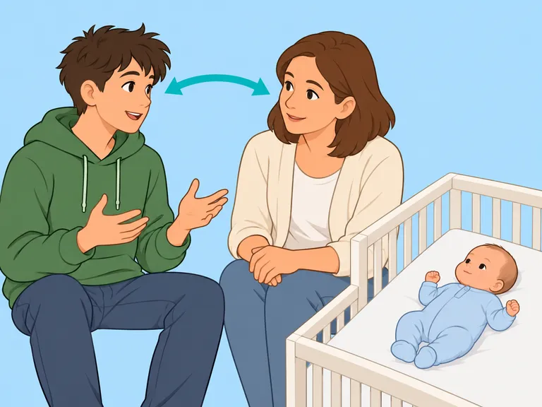 Eine erwachsene Bezugsperson hört dem jungen Vater aufmerksam zu, während das Baby sicher im Bett liegt.