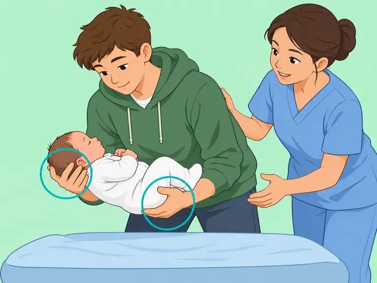 Eine Fachperson zeigt dem jungen Vater, wie er beim Hochnehmen Kopf, Nacken und Körper des Babys stützt.