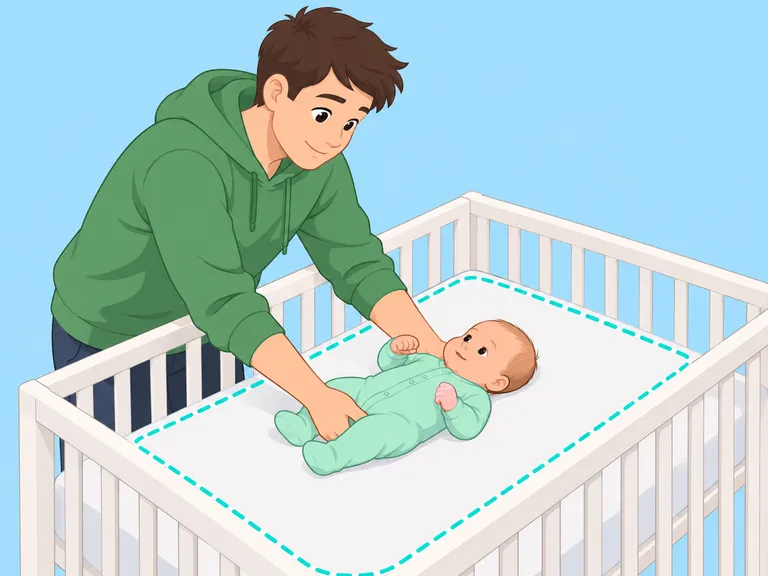 Der junge Vater legt das Neugeborene auf den Rücken in ein freies Babybett mit ebener Matratze.