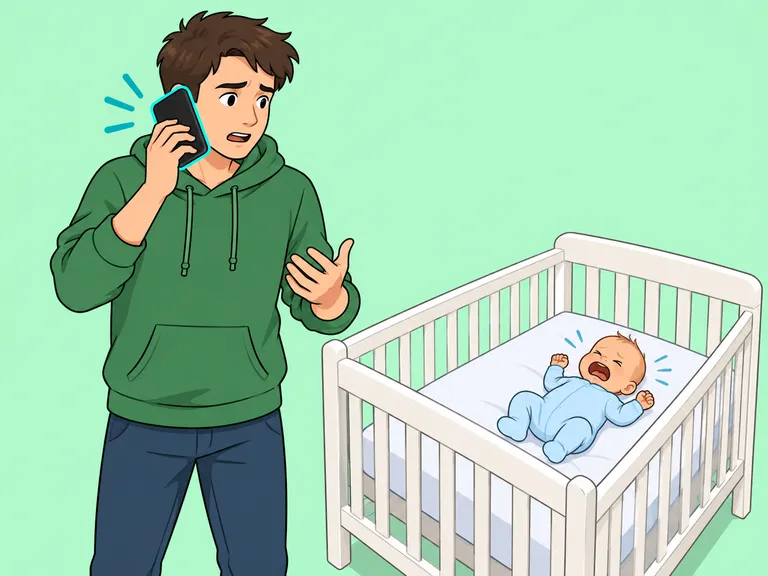 Der junge Vater bittet bei Überforderung telefonisch um Hilfe, während das Baby sicher im eigenen Bett liegt.