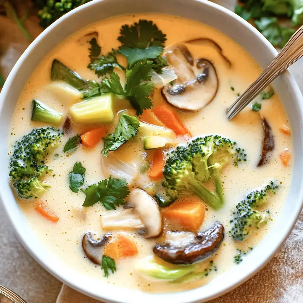 Eine Schüssel mit cremiger Gemüsesuppe, gefüllt mit Brokkoli, Karotten, Pilzen und frischem Koriander.