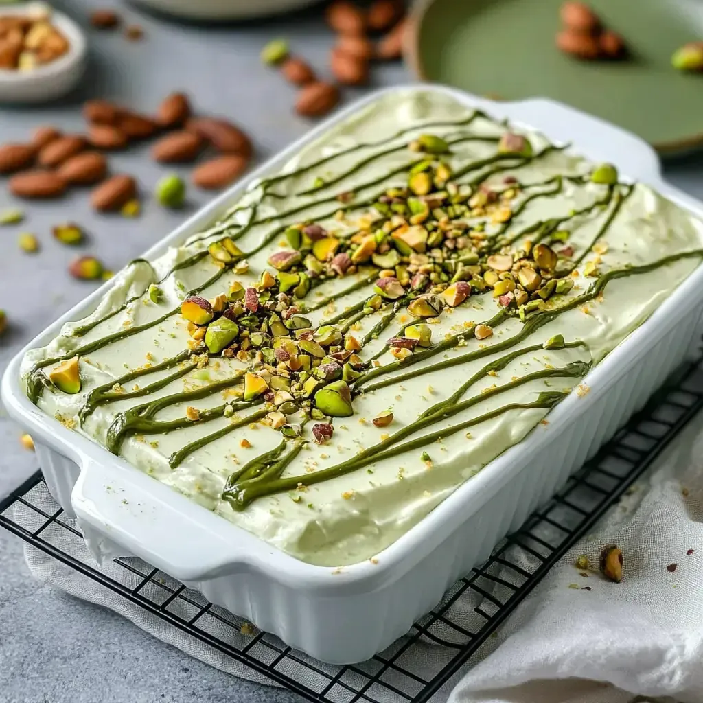 Ein weißes Backblech mit einer cremigen, grünen Dessertschicht, garniert mit gehackten Pistazien und einem grünen Zuckerguss.