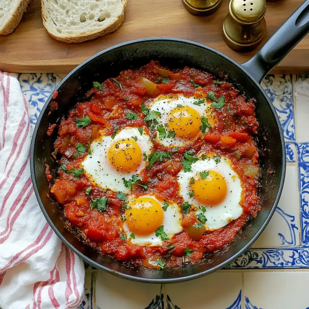 Ein Pfannengetrümmer mit drei Spiegeleiern in einer würzigen Tomatensauce, garniert mit frischer Petersilie, auf einem bunt gefliesten Tisch mit Brot im Hintergrund.