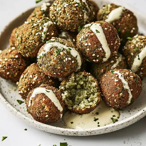 Eine Teller voller goldbrauner, mit Sesam bestreuter Falafel-Bällchen, einige davon mit einer Senfsoße überzogen, und eines ist halbiert.