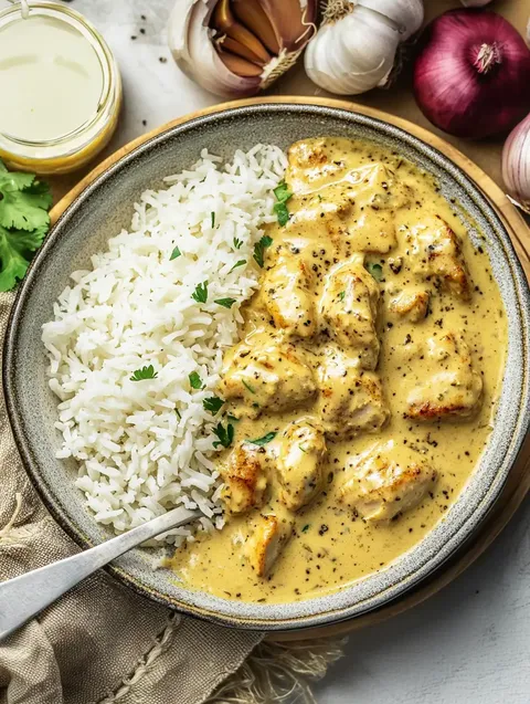 Ein Teller mit cremigem Hühnchencurry, serviert mit weißem Reis und garniert mit frischem Koriander, umgeben von Zwiebeln und Knoblauch.