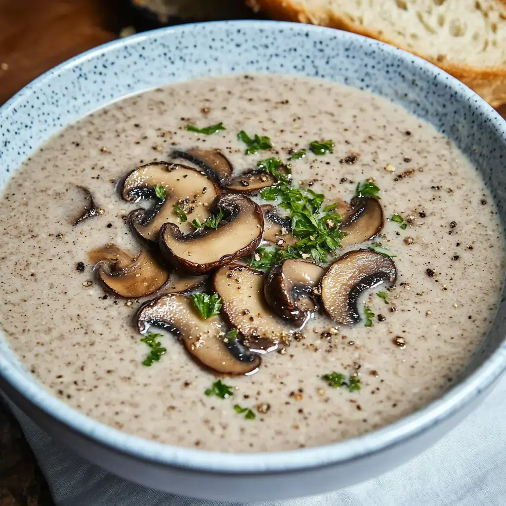Eine Schüssel cremige Champignon-Suppe mit angebratenen Pilzen und frischen Kräutern, garniert mit Pfeffer.