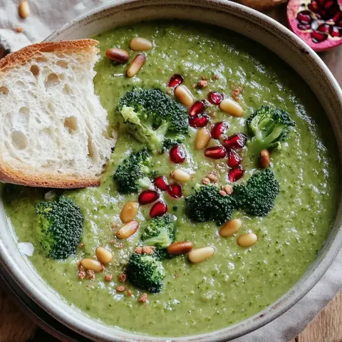 Eine Schüssel mit cremiger Brokkolisuppe, garniert mit Pinienkernen, Granatapfelkernen und einem Stück Brot.
