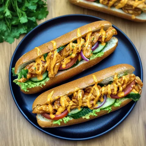 Zwei mit Hähnchenfleisch, Gemüse und einer cremigen Sauce gefüllte Baguette-Brötchen auf einem schwarzen Teller.