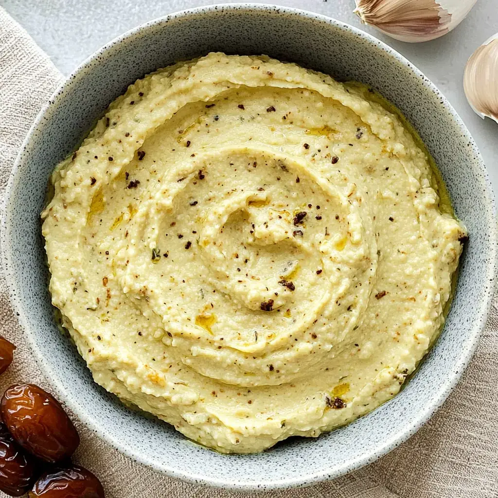 Eine Schüssel mit cremigem Hummus, verfeinert mit Kräutern und umgeben von einigen Datteln und Knoblauchzehen.