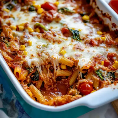 Ein Auflauf mit Pasta, Tomatensauce, Gemüse und geschmolzenem Käse.