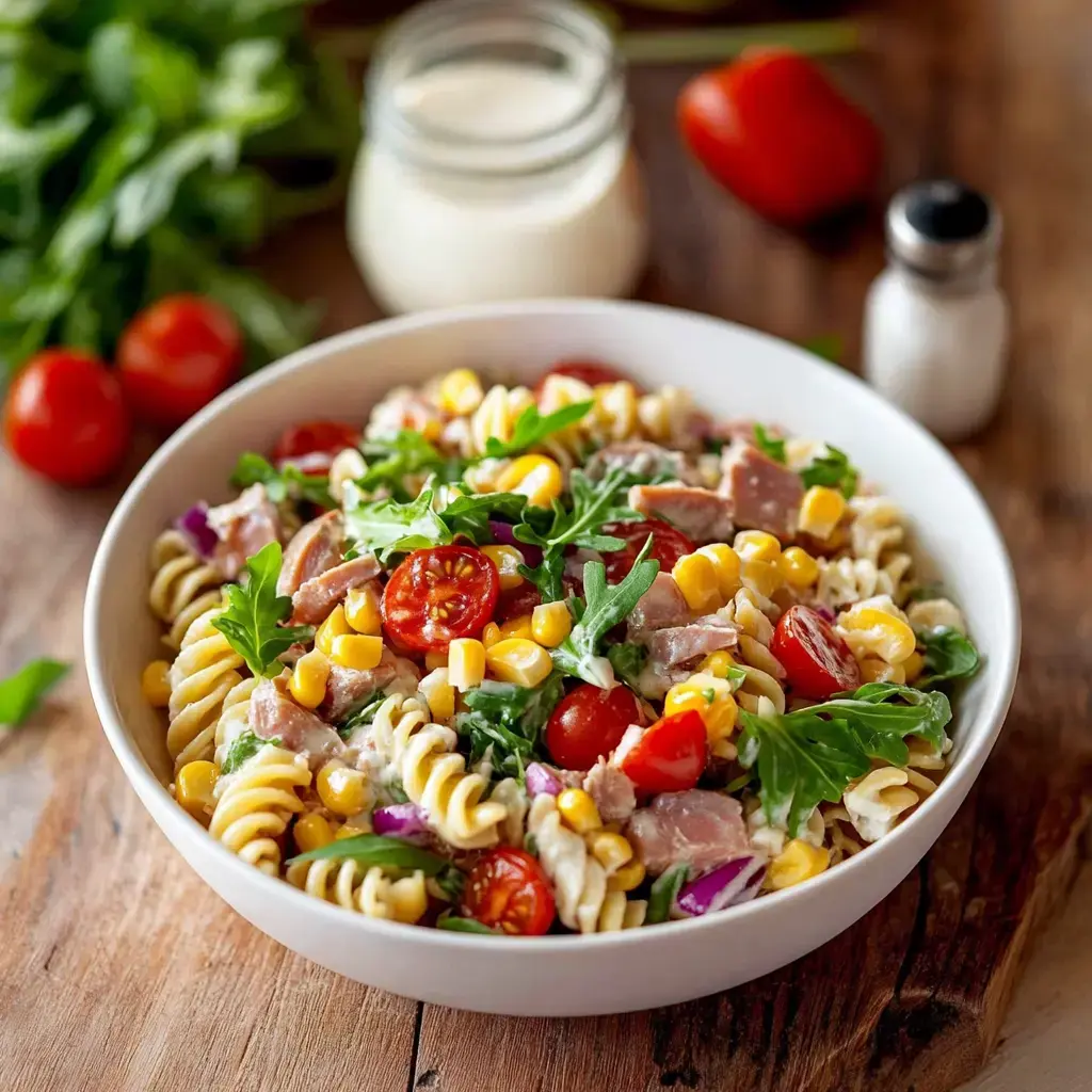 Ein bunter Nudelsalat mit Tomaten, Mais, Schinken und Rucola in einer weißen Schüssel.