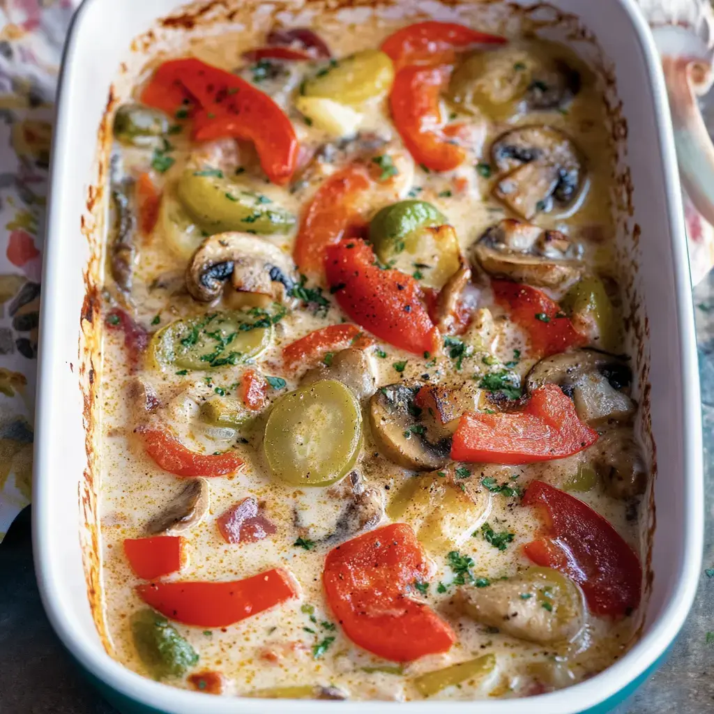Ein Auflauf mit einer cremigen Soße, belegt mit roten und grünen Paprika, Pilzen und frischem Kräutern.