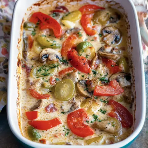Ein Auflauf mit einer cremigen Soße, belegt mit roten und grünen Paprika, Pilzen und frischem Kräutern.