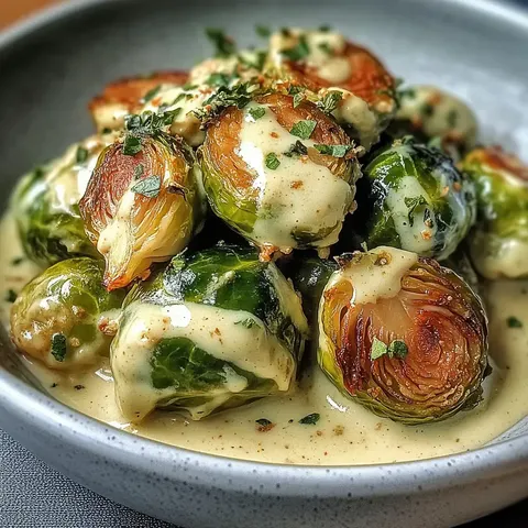 Ein Teller mit Rosenkohl, der mit einer cremigen Sauce überzogen und mit frischen Kräutern garniert ist.