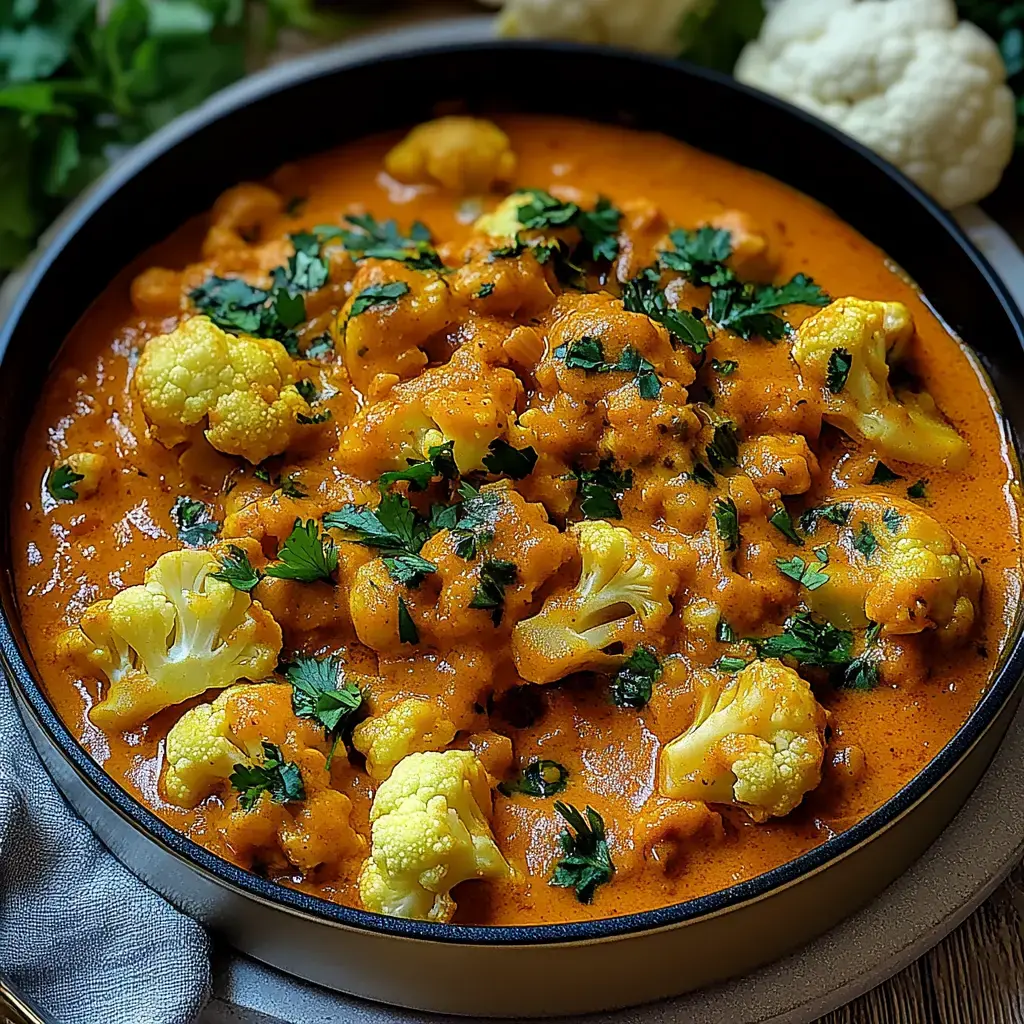 Ein Gericht mit Blumenkohl in einer cremigen, orangefarbenen Sauce, garniert mit frischem Koriander.