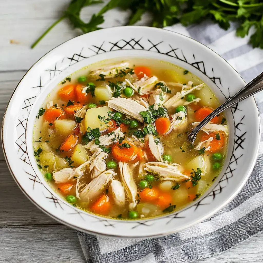 Eine Schüssel mit Hühnersuppe, gefüllt mit Hähnchenfleisch, Karotten, Erbsen und Kartoffeln, garniert mit frisch gehackter Petersilie.