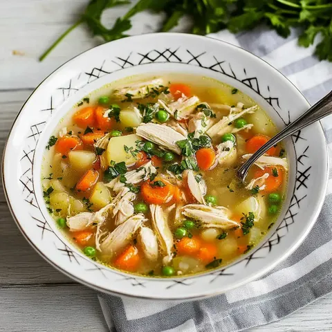 Eine Schüssel mit Hühnersuppe, gefüllt mit Hähnchenfleisch, Karotten, Erbsen und Kartoffeln, garniert mit frisch gehackter Petersilie.