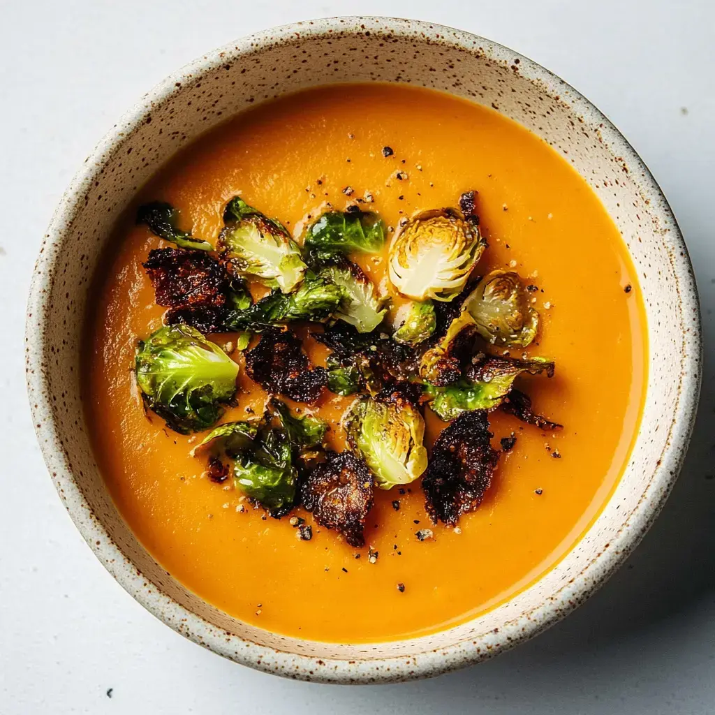 Eine Schüssel mit cremiger Kürbissuppe, garniert mit gerösteten Rosenkohlstücken und schwarzem Pfeffer.