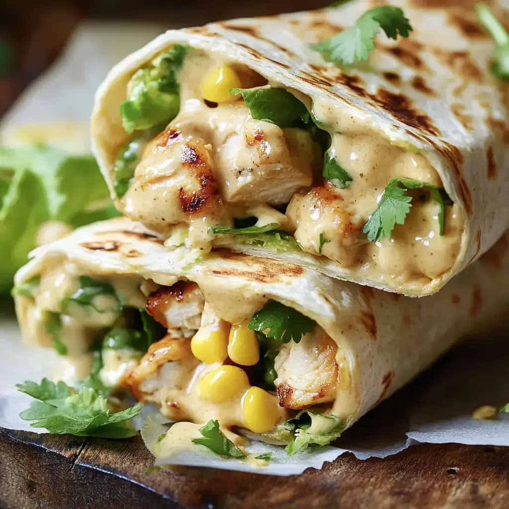 Zwei gefüllte Tortillas mit gegrilltem Hähnchen, frischem Gemüse, Koriander und einer cremigen Sauce.