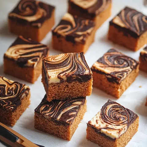 Leckere, quadratische Kuchenstücke mit einer schokoladigen Marmorierung auf einer Backunterlage.