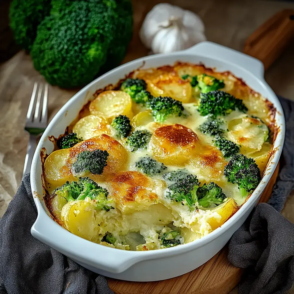 Ein Auflauf aus Kartoffeln und Brokkoli, bedeckt mit geschmolzenem Käse, präsentiert sich in einer weißen Auflaufform.
