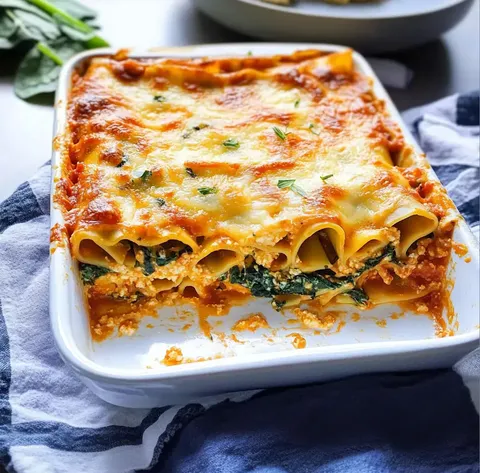 Ein gebackenes Gericht mit Cannelloni, gefüllt mit Spinat und Ricotta, bedeckt mit schmelzendem Käse.