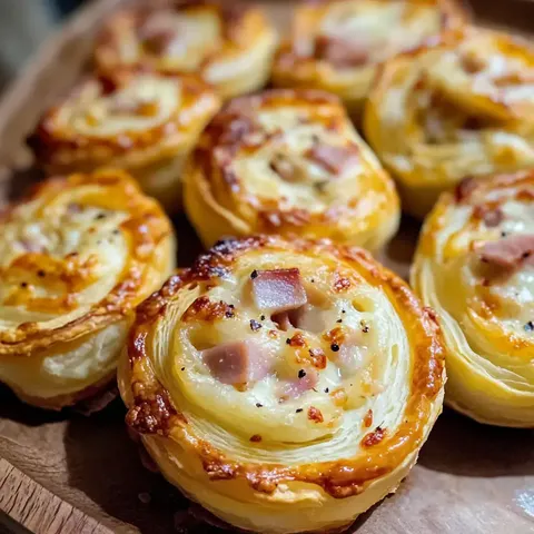 Ein Holzbrett mit goldbraunen, spiralförmigen Blätterteigschnecken, gefüllt mit Schinken und Käse.