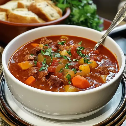 Eine Schüssel mit herzhafter Fleisch-Gemüsesuppe, garniert mit frischem Koriander, steht auf einem Tisch neben einer Brotschüssel.