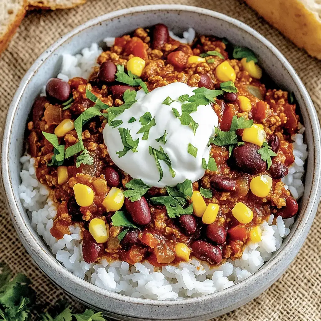 Ein Schüssel mit Reis, belegt mit einer würzigen Chili-Mischung aus Bohnen, Mais und einer Portion Sauerrahm, garniert mit frischem Koriander.