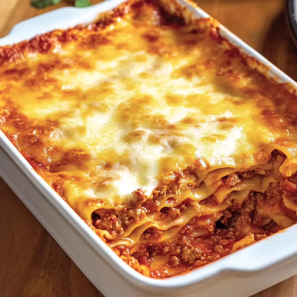 Eine warme Lasagne mit geschmolzenem Käse und Fleischfüllung in einer weißen Auflaufform.