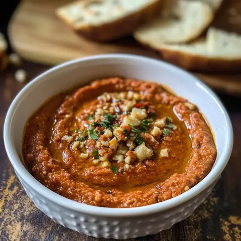 Eine Schüssel mit würziger roter Creme, garniert mit gehackten Nüssen und frischen Kräutern, steht neben einem Holzbrett mit Brotscheiben.
