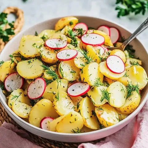 Ein bunter Kartoffelsalat mit Radieschen und Dill in einer Schüssel.