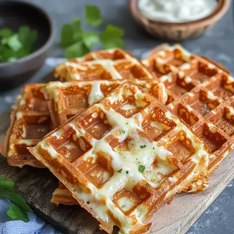 Eine Ansammlung von goldenen Waffeln mit geschmolzenem Käse, serviert auf einem Holzbrett, im Hintergrund ein Schälchen mit Dip.
