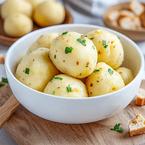 Eine Schüssel mit großen Kartoffelknödeln, garniert mit frischer Petersilie, auf einem Holzbrett.