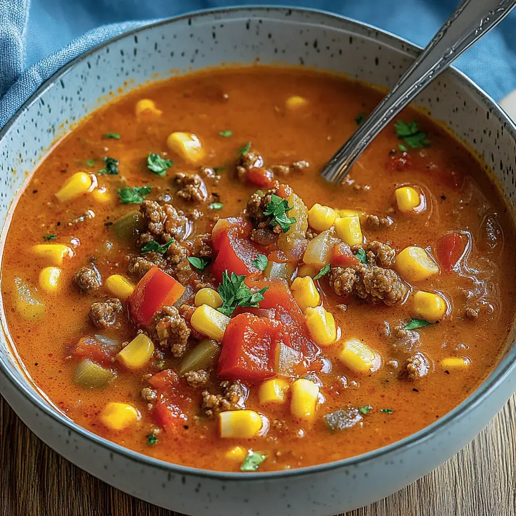 Eine Schüssel mit herzhaftem Eintopf aus Hackfleisch, Tomaten, Mais und frischen Kräutern.