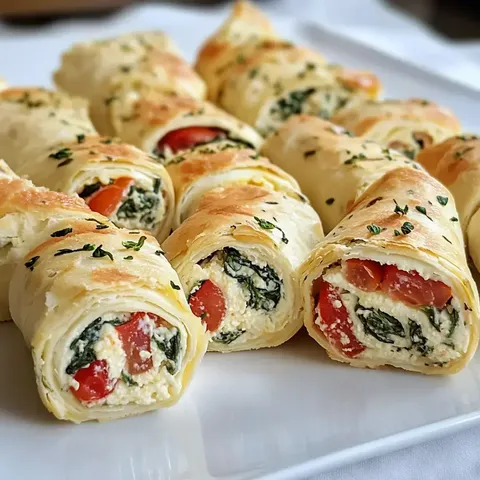 Ein Teller mit frisch gebackenen, gefüllten Teigrollen, die mit Spinat, Tomaten und Käse gefüllt sind.