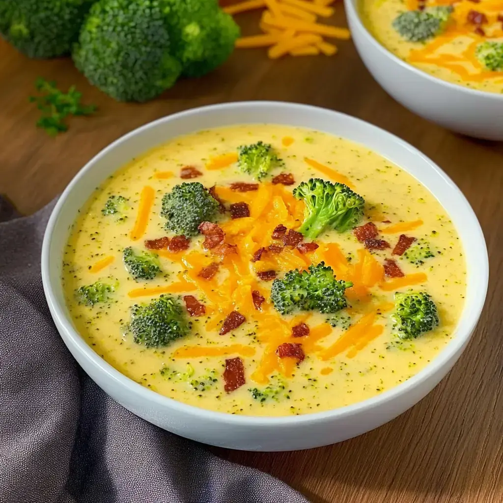 Eine cremige Brokkoli-Käse-Suppe mit Bacon-Stücken und geriebenem Käse, serviert in einer weißen Schüssel.