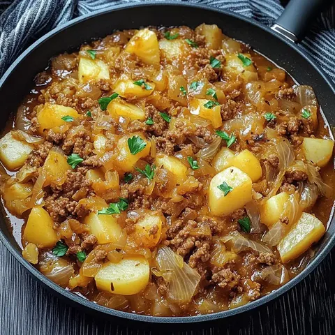 Ein herzhaftes Gericht aus Hackfleisch, Kartoffeln und Zwiebeln in einer Pfanne, garniert mit frischer Petersilie.