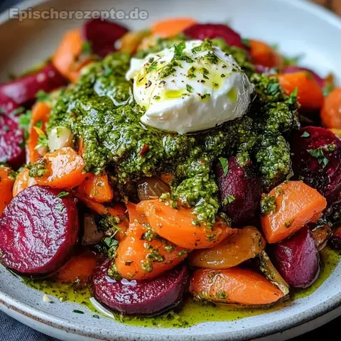 Wärmer Rote Bete- und Karottensalat mit Pesto & Burrata