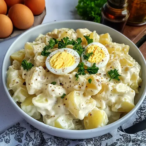 Ein Teller Kartoffelsalat mit Mayonnaise, garniert mit Scheiben von hartgekochten Eiern und frischer Petersilie.