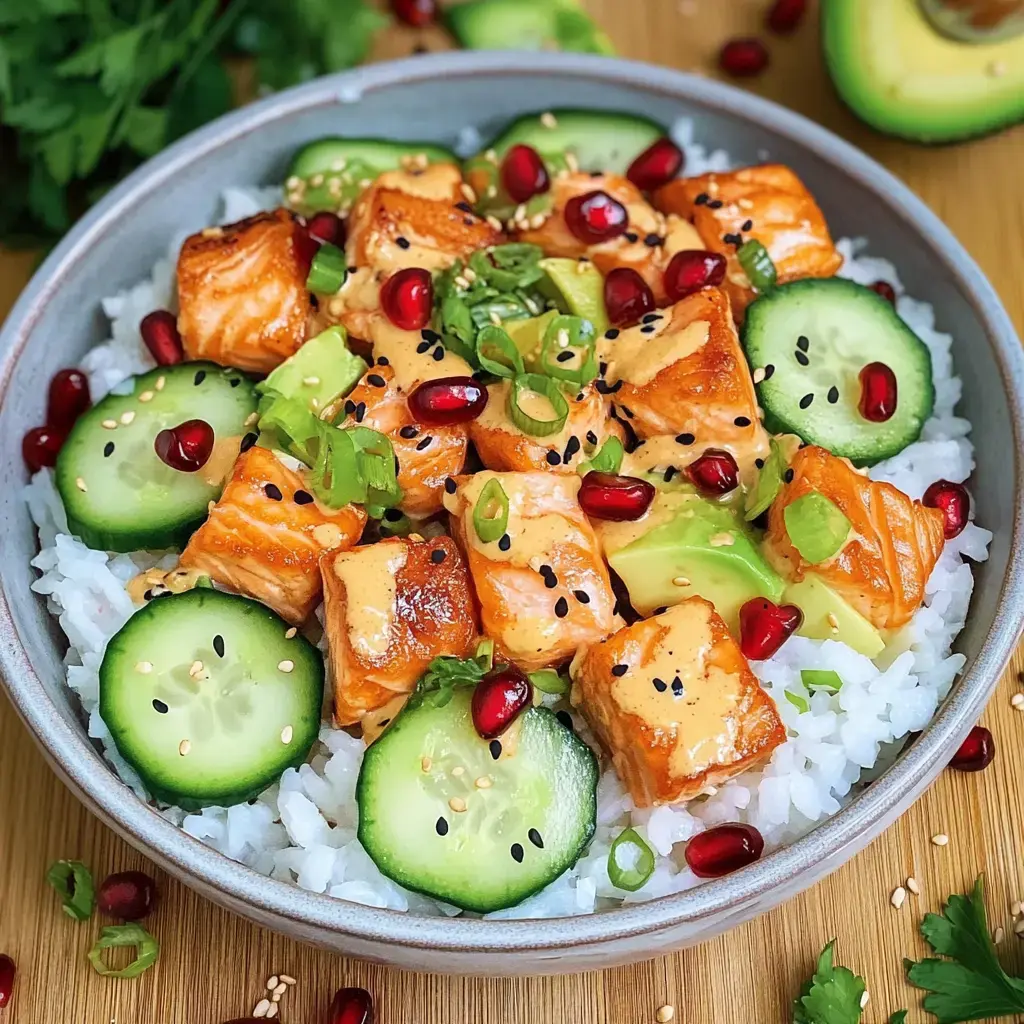 Eine Schüssel Reis mit gebratenem Lachs, Gurkenscheiben, Avocado, Granatapfelkernen und einer cremigen Sauce, garniert mit Frühlingszwiebeln und Sesam.