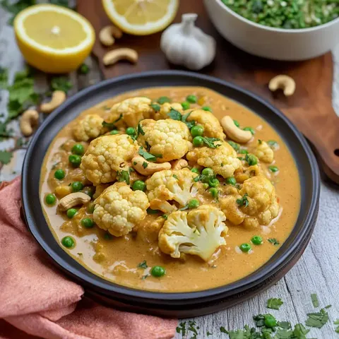Ein Teller mit Blumenkohl und Erbsen in einer cremigen Sauce, garniert mit Koriander und Cashewkernen, umgeben von Zitrone und Knoblauch.