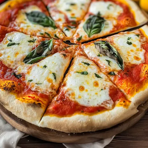 Eine frisch gebackene Pizza mit Mozzarella, Tomatensauce und frischem Basilikum, in sechs Stücke geschnitten.