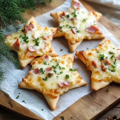 Auf dem Bild sind starförmige, mit Käse, Schinken und Petersilie belegte Snacks zu sehen, die auf einem Holzbrett liegen.