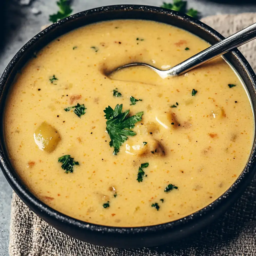 Eine Schüssel mit cremiger Suppe, garniert mit frischem Koriander und kleinen Stückchen Gemüse.